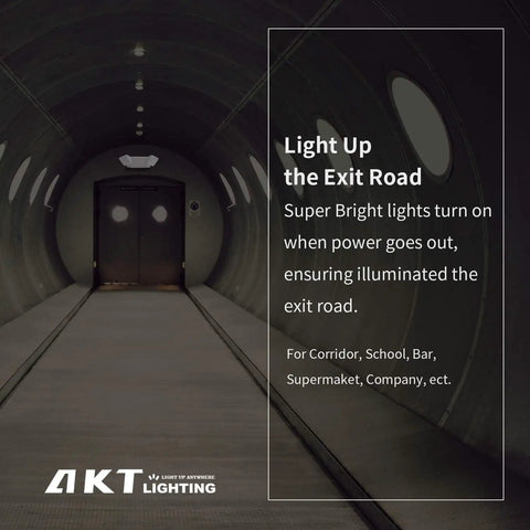 Emergency Light With Back Up Battery And Two Adjustable LED Heads, Wall Mount, White Finish, UL Certified, graphic showing emergency LED lighting in a hallway.