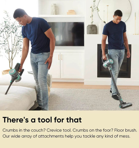 Ultra Lightweight Cordless Stick Vacuum With Hefty 20K Pa Suction, Smooth Gliding Action, snags dust and pet hair in living room.
