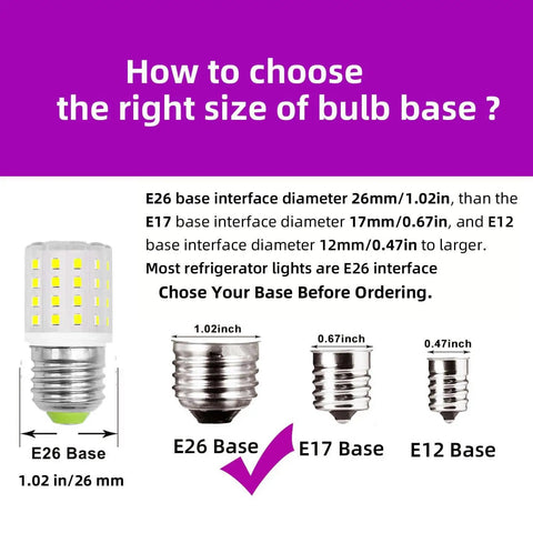 Size comparison of E26, E17, and E12 bulb bases for Led Fridge Light Bulb 100-265V AC 3.5W Equivalent 40W Halogen 6000K Daylight White