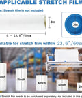 Stainless Steel Tabletop Stretch Film Dispenser With Film Slide Cutter shown with stretch film sizes from 2 to 13 inches