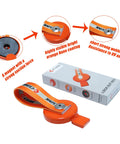 Front view of orange C CLINK Surge Brake Lockout Key with strap and magnetic insert, packaging box nearby