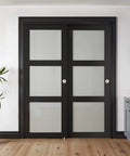 Installed Sliding Closet Door For 64x80 Opening, 3 Lite Frosted Glass MDF Barn Door With Hardware And Track Kit, Black Finish