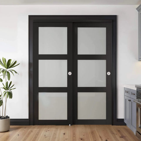 Installed Sliding Closet Door For 64x80 Opening, 3 Lite Frosted Glass MDF Barn Door With Hardware And Track Kit, Black Finish