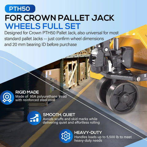 All In One Replacement Kit For Pallet Jack Wheels With Axles And Load Rollers Including Steering Wheels 7 Inch By 2 Inch And Front Load Roller 2.76 By 3.74 Black Poly Tread displayed on warehouse floor