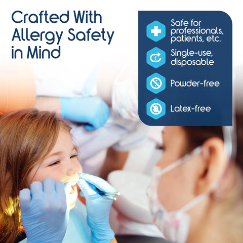 Inspire nitrile-vinyl blend disposable gloves, blue, used during dental examination.