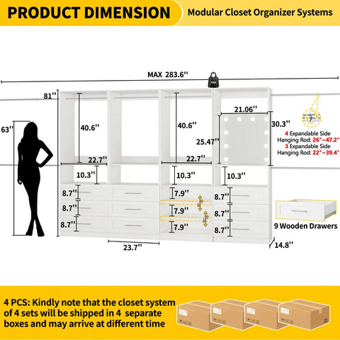 Modular Closet System With Nine Drawers And Eight Shelves For Walk In Rooms Includes Ten Hang Rods dimensions diagram displaying measurements.