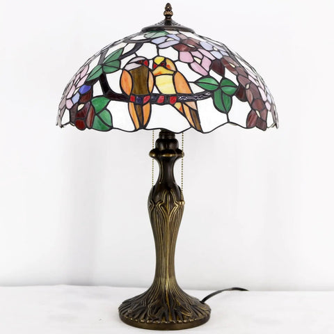 Tiffany Style Double Birds Stained Glass Table Lamp With 16 Inch Shade And 24 Inch Height, Antique Green Bronze Metal Base
