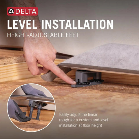 36 Inch Reversible Linear Shower Drain In Stainless Steel With Hair Catcher and Leak Resistant Seal, showing height-adjustable feet during installation.