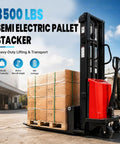 Heavy Duty 94.8 Inch Electric Pallet Stacker Forklift That Lifts A Whopping 3500 Lbs with pallets in a warehouse setting.