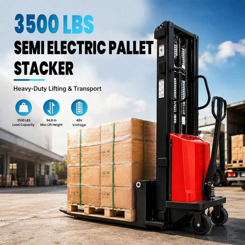 Heavy Duty 94.8 Inch Electric Pallet Stacker Forklift That Lifts A Whopping 3500 Lbs with pallets in a warehouse setting.