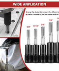 Five Piece Heavy Duty Tap Socket Set Fits 5/8 To 1 Inch Taps with 1/2 Inch Drive Adapter, shown in use and arranged by size.