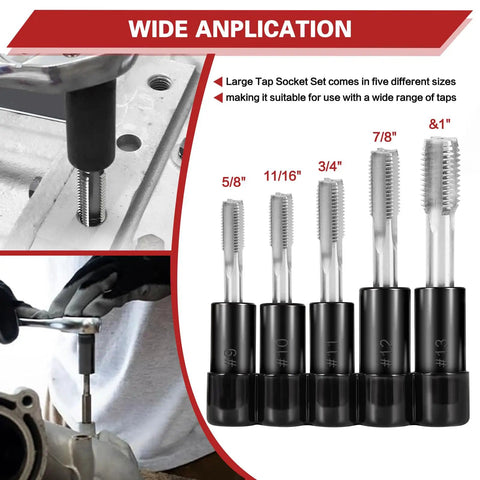 Five Piece Heavy Duty Tap Socket Set Fits 5/8 To 1 Inch Taps with 1/2 Inch Drive Adapter, shown in use and arranged by size.