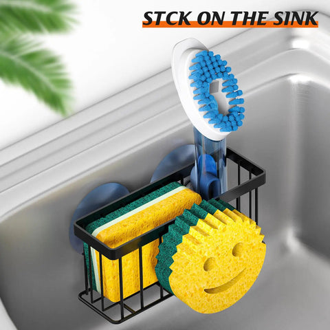 Smiley Face Sponge Holder With Two Suction Cups And One Adhesive Strip A 3 In 1 Sink Organizer For Sponge Soap Dish Brush Scrubber And More Black Durable Anti Slip Design For Everyday Use installed on sink