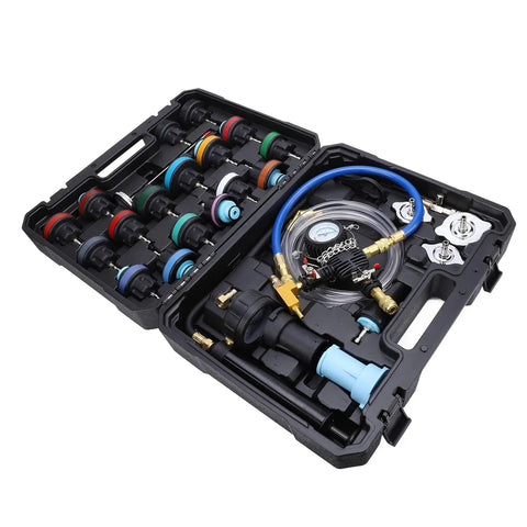Phefop 28 Piece Radiator Coolant Pressure Tester Vacuum Refill Kit With Leak Detector And Hand Pump Accurate Gauge Color Coded Caps For Cars Trucks