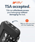 Close-up of black TSA-approved keyless 3-digit travel lock with branding, demonstrating its TSA acceptance feature.
