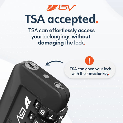 Close-up of black TSA-approved keyless 3-digit travel lock with branding, demonstrating its TSA acceptance feature.