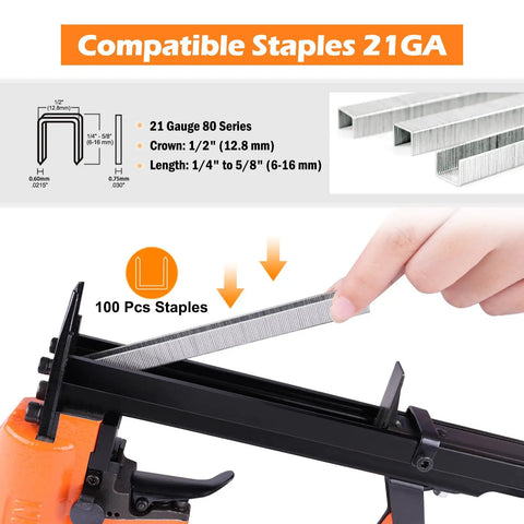 21 Gauge Pneumatic Upholstery Stapler With Continuous Firing Mode for 80 Series Staples Half Inch Crown shown loading staples