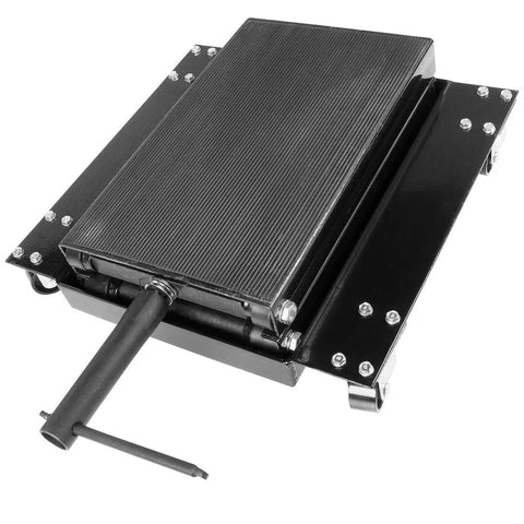 Center Scissor Lift Motorcycle Floor Jack with Wheel Cart Dolly Table Stand 1100 lbs capacity, black steel deck, front view