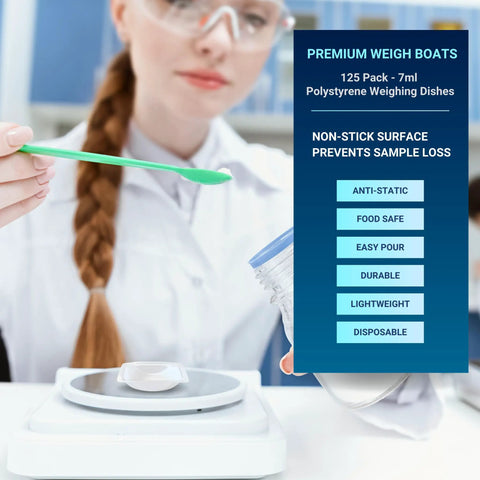 Disposable 7ml Weigh Boats In A 125 Pack Small Plastic Trays For Lab Weighing Dishes Polystyrene Food Safe Antistatic Lightweight And Durable For Mixing Measuring And Weighing Powders Liquids Supplements And Food Samples, on lab scale