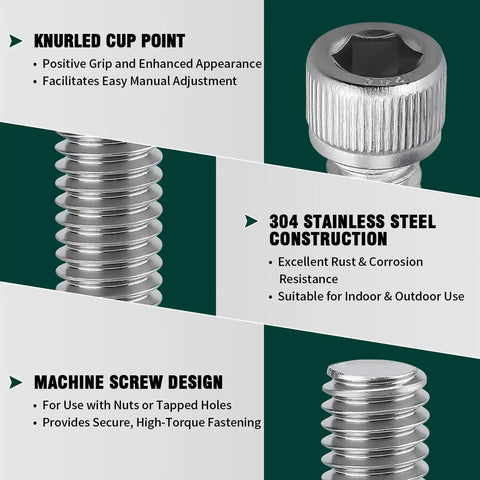 Rock Solid Heavy Duty 1/4 20 X 1.25 Inch Socket Head Cap Screw Bolt In 304 Stainless Steel 18-8 with knurled cup point and machine screw design.