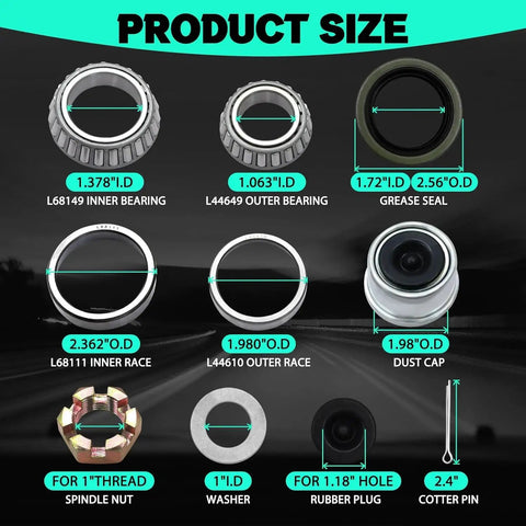 Four Pack 3500Lb Trailer Bearing Kit For 1-3/8 To 1-1/16 Inch Axles With 1.98 Inch Dust Caps Rubber Plugs Cotter Pins And Seals