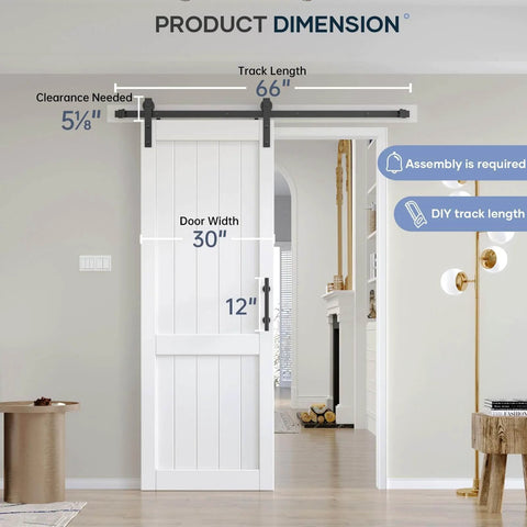 White Barn Door 30x84 Inches With 5.5 Ft Sliding Door Hardware Track Kit Included, Solid MDF Slab, Modern Farmhouse Style