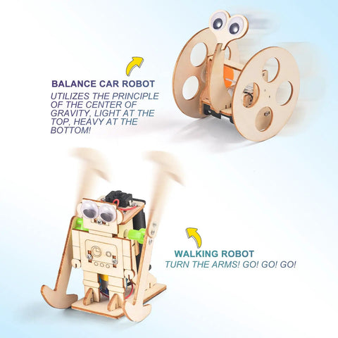 Five In One Hands On STEM Robot Kit for Kids Aged 8 to 12 showing Balance Car Robot and Walking Robot made of wood