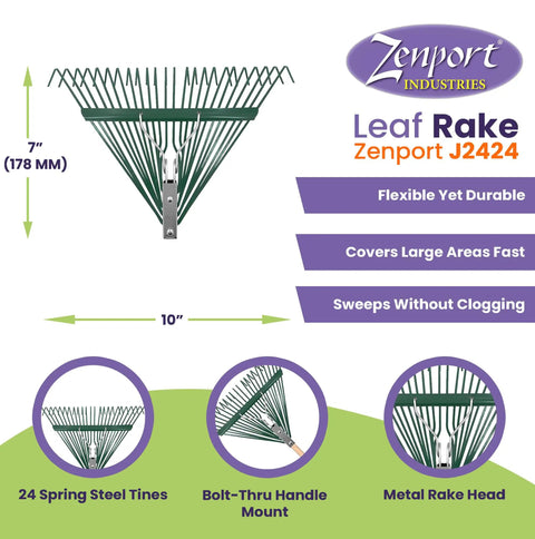 Leaf Rake Head With Deluxe Spring, 24 Inch Wide Metal Rake With 24 Tines, Bolt Through Design For Heavy Duty Yard Cleanup