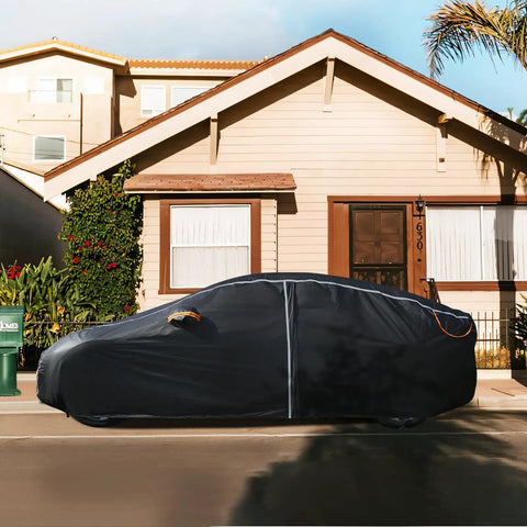 All Weather Six Layer Car Cover For Sedans 185 Inch Exterior Shield With Zipper shown in outdoor driveway setting