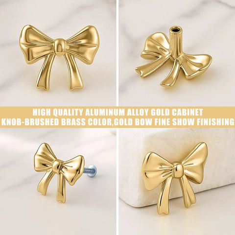 Dang Stylish Gold Bow Cabinet Handles Eight Pack Plus Heavy Duty Screws Easy Install Drawer Knobs For Dressers And Cabinets Add Some Serious Bling To Your Space Tonight, aluminum alloy, bow design, brushed gold