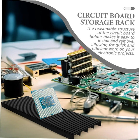 Anti Static Circuit Board Holder And PCB Storage Rack on a desk with circuit board and tools for electronic projects