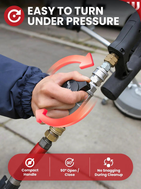 WOJET ball valve for pressure washer, stainless steel, DN10, 3/8 quick-connect, close-up in hand
