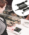 Retail worker using tablet with inset of 12V Replacement Power Cord For Mini C300 C400 Series WiFi Card Reader And Flex C401U Cradle K400