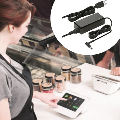 Retail worker using tablet with inset of 12V Replacement Power Cord For Mini C300 C400 Series WiFi Card Reader And Flex C401U Cradle K400