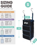 Hanging Carry On Organizer For Travel, Standard Luggage Closet Organizer With Mesh Windows, Black Small, Size Guide Displayed