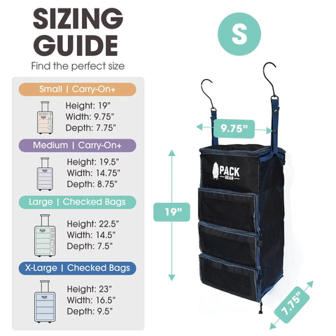 Hanging Carry On Organizer For Travel, Standard Luggage Closet Organizer With Mesh Windows, Black Small, Size Guide Displayed