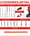 Details of 20V Brushless Cordless Drill And Impact Driver Combo Kit with 2 In 1 Interchangeable Heads, bits, and accessories.