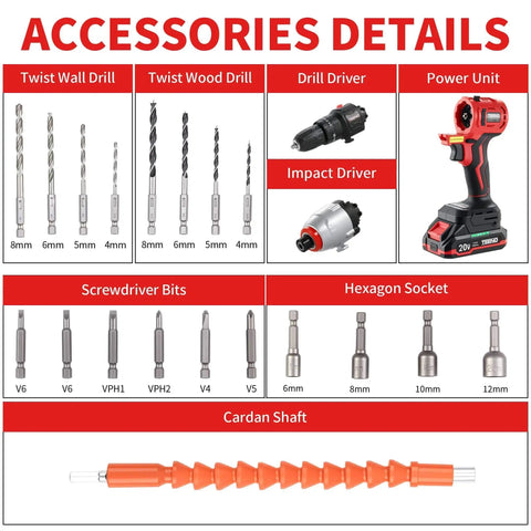 Details of 20V Brushless Cordless Drill And Impact Driver Combo Kit with 2 In 1 Interchangeable Heads, bits, and accessories.
