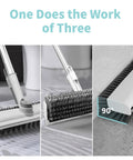 Collage of 3-In-1 Floor Scrub Brush With Long Handle For Grimy Surfaces Built-In Scraper And Heavy-Duty Stiff Bristles in use on flooring