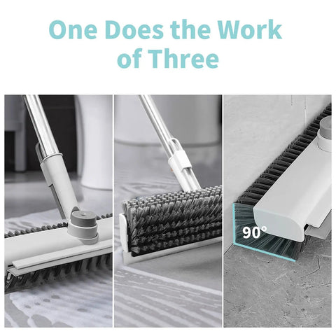 Collage of 3-In-1 Floor Scrub Brush With Long Handle For Grimy Surfaces Built-In Scraper And Heavy-Duty Stiff Bristles in use on flooring