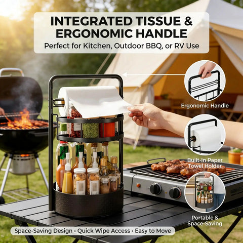 Rotating Spice Rack With Paper Towel Holder, 2 Tier Lazy Susan For Spices And Seasonings on outdoor table
