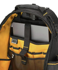 Open Pro Rolling Tool Backpack On Wheels With IP54 Weatherproof Compartment showing laptop inside and rugged 1680D fabric pockets.