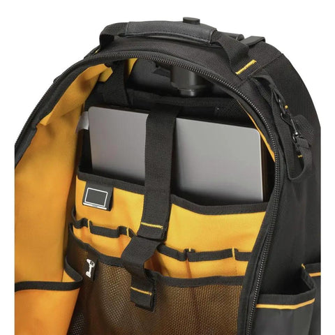 Open Pro Rolling Tool Backpack On Wheels With IP54 Weatherproof Compartment showing laptop inside and rugged 1680D fabric pockets.
