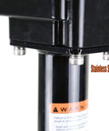 Libra 3500lbs electric power tongue jack on black A-frame trailer; close-up shows mounting bolts