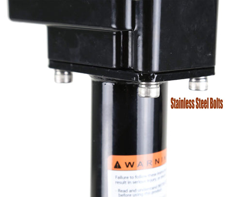Libra 3500lbs electric power tongue jack on black A-frame trailer; close-up shows mounting bolts