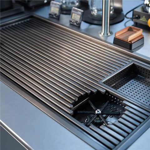 Heavy Duty Stainless Steel Bar Glass Rinser With High Pressure Flush Nozzle And Quick Drain Drip Tray Smooth Coffee Brewing Setup For Zero Splash Cups At Home Or Tap Room close-up of bar rinser drainage tray.