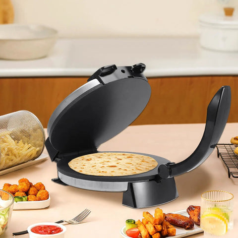 Electric Tortilla Press Machine 2000W with Adjustable Temp Control heated plate cooking a tortilla on a kitchen countertop.