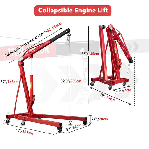 Heavy Duty Hydraulic Engine Hoist And Folding Cherry Picker With Six Swivel Wheels, Straight Up 4400 Lb Portable Crane dimensions and features.