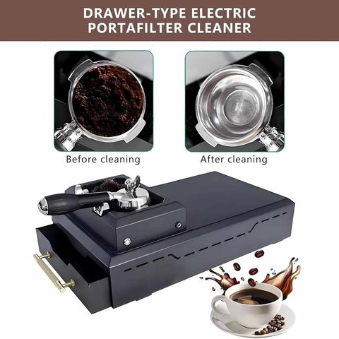 Electric Automatic Knock Box Cleaner Straight Up Setup For Baristas Featuring 58mm Portafilter Compatibility shown cleaning portafilter.