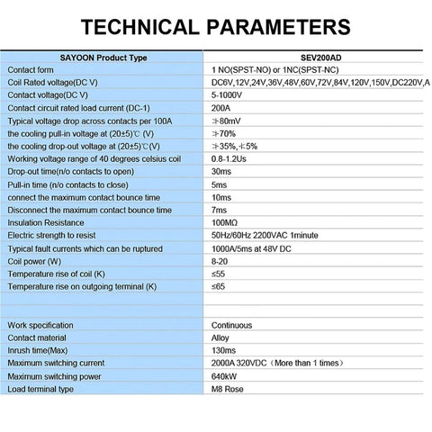 Technical parameters table for Straight Up Reliable Dc Contactor Power Relay Switch For Ev Chargers, highlighting specifications.